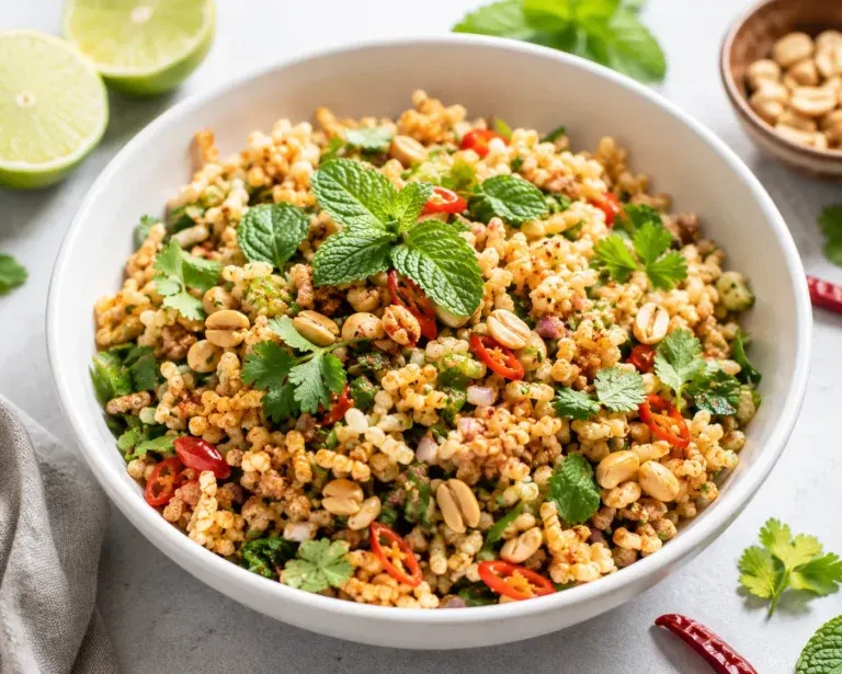 Crispy rice salad Nam Khao in a white bowl with fresh herbs and lime