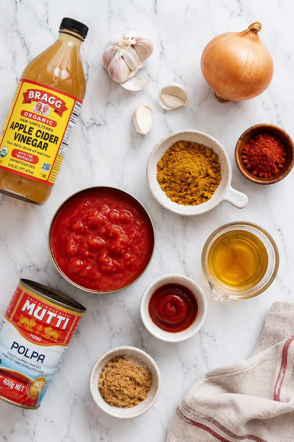 currywurst sauce recipe ingredients laid out on white marble
