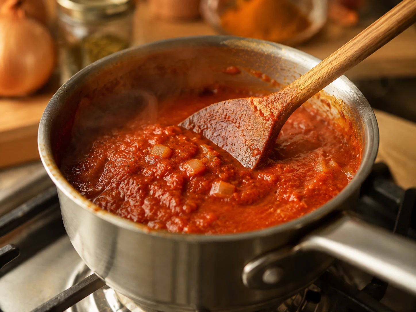 homemade currywurst sauce simmering in saucepan