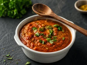 Currywurst sauce recipe in a white bowl with curry powder and parsley