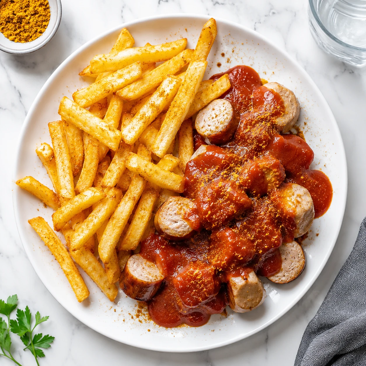 currywurst sauce served over beef sausage slices with fries