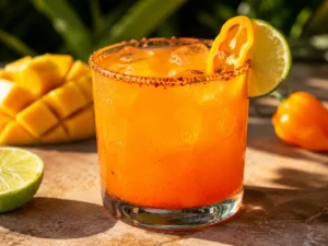 mango habanero mocktail with tajin rim and lime