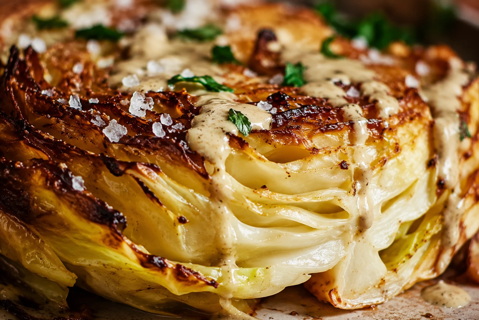 roasted cabbage steak close-up caramelized edge