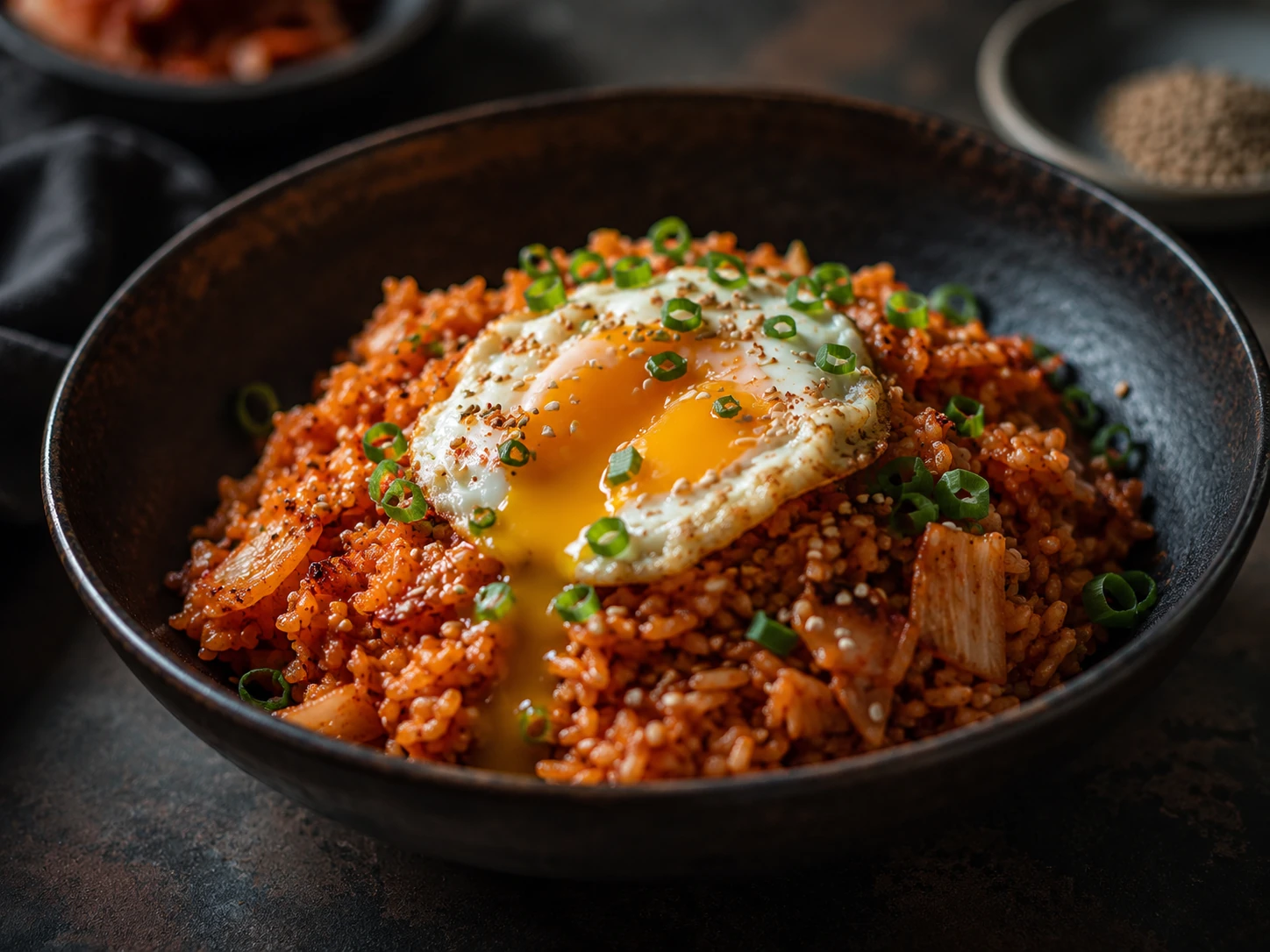 kimchi fried rice with runny egg and sesame seeds