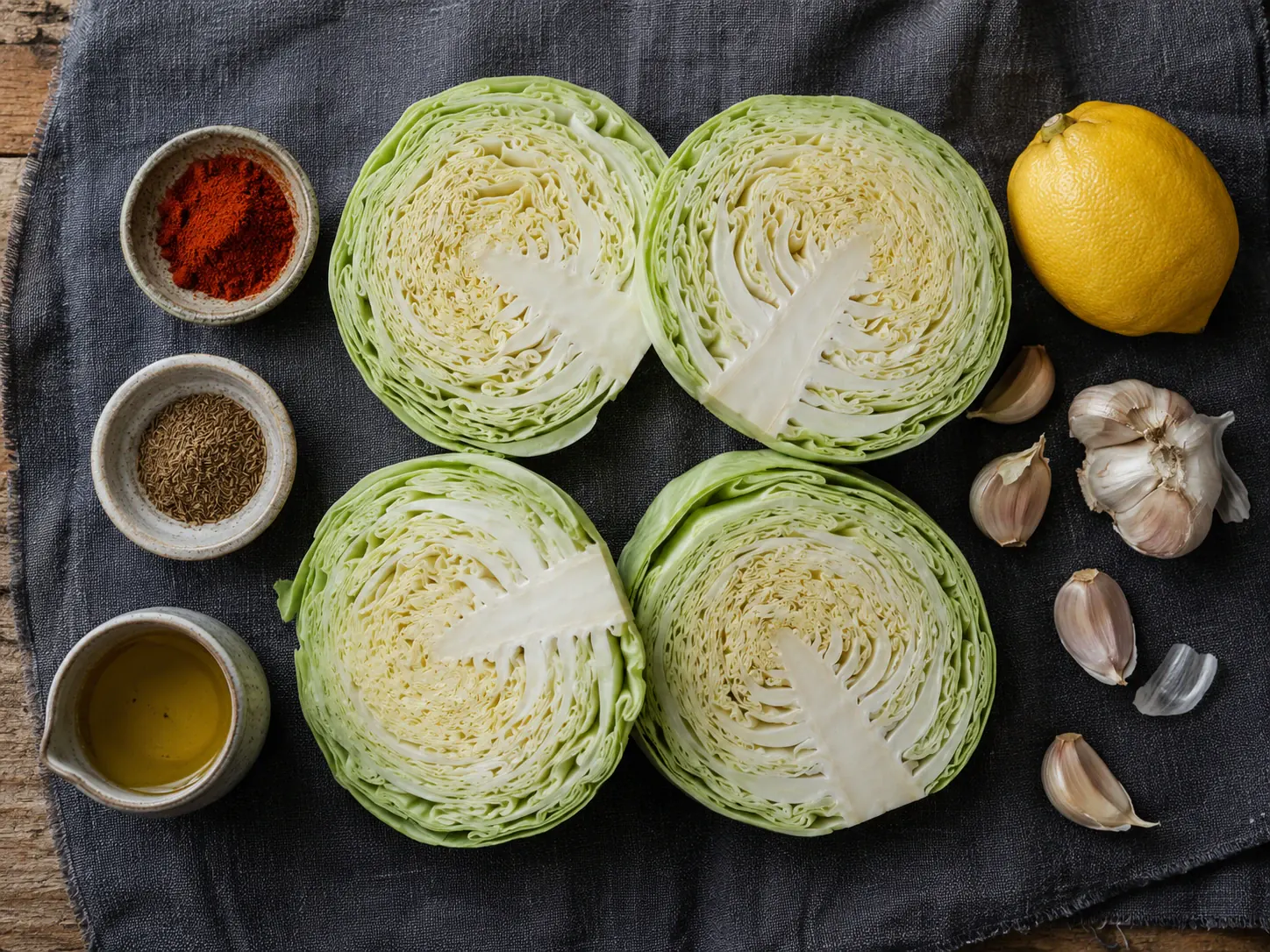 roasted cabbage steaks ingredients flatlay