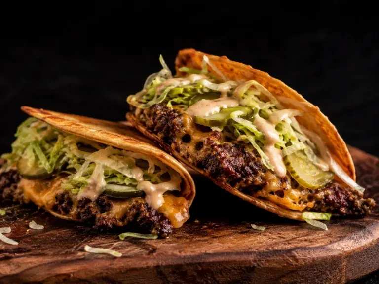 smash burger tacos with crispy beef and melted cheese