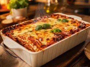 Easy weeknight lasagna fresh from the oven with golden bubbly cheese