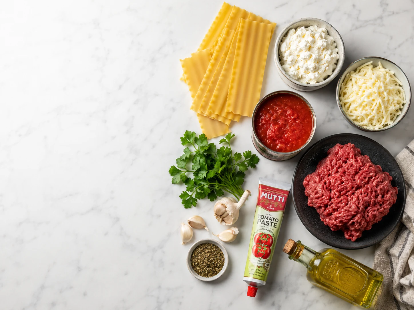 Easy weeknight lasagna ingredients – no-boil noodles, ricotta, mozzarella and meat sauce