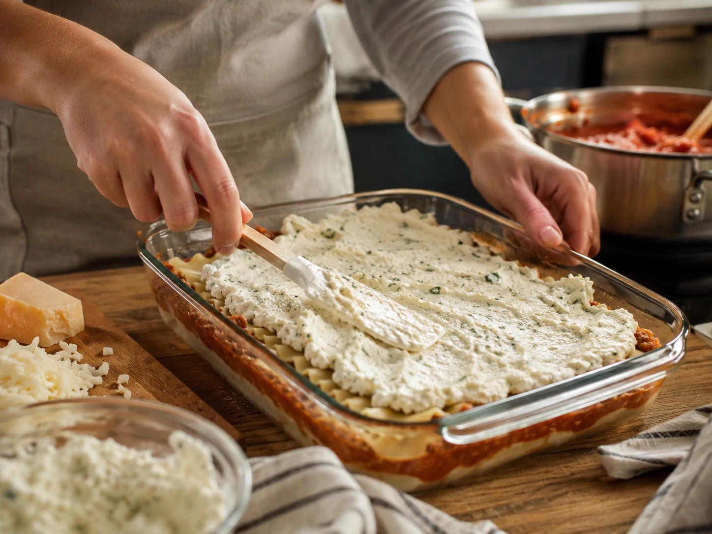 Layering ricotta cheese mixture onto lasagna noodles for easy weeknight lasagna