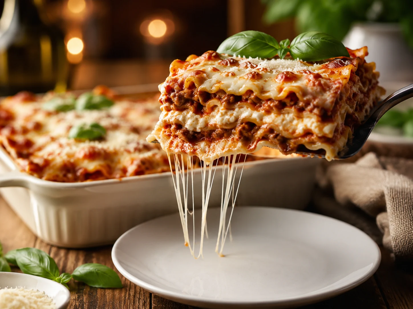 A perfect slice of easy weeknight lasagna showing distinct cheese and meat layers