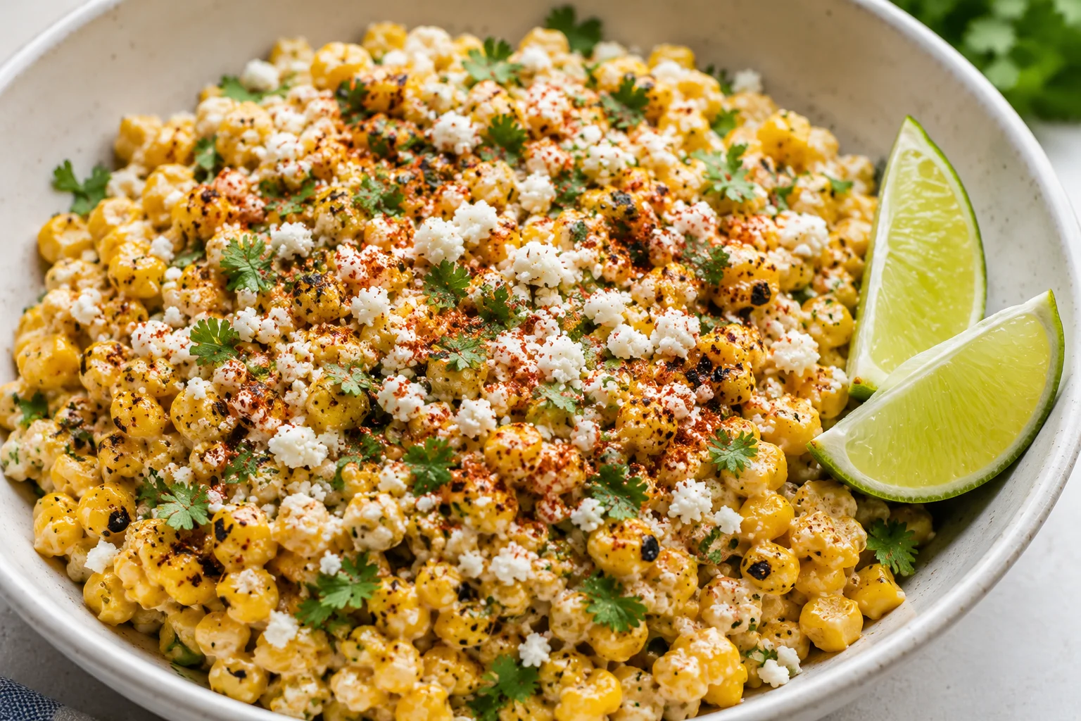 Close-up Mexican corn salad with cotija cheese