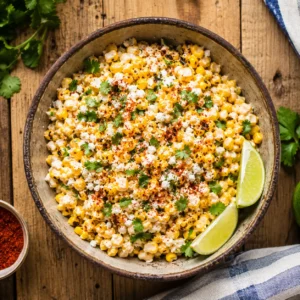 Mexican street corn salad elote in a rustic bowl with cotija cheese