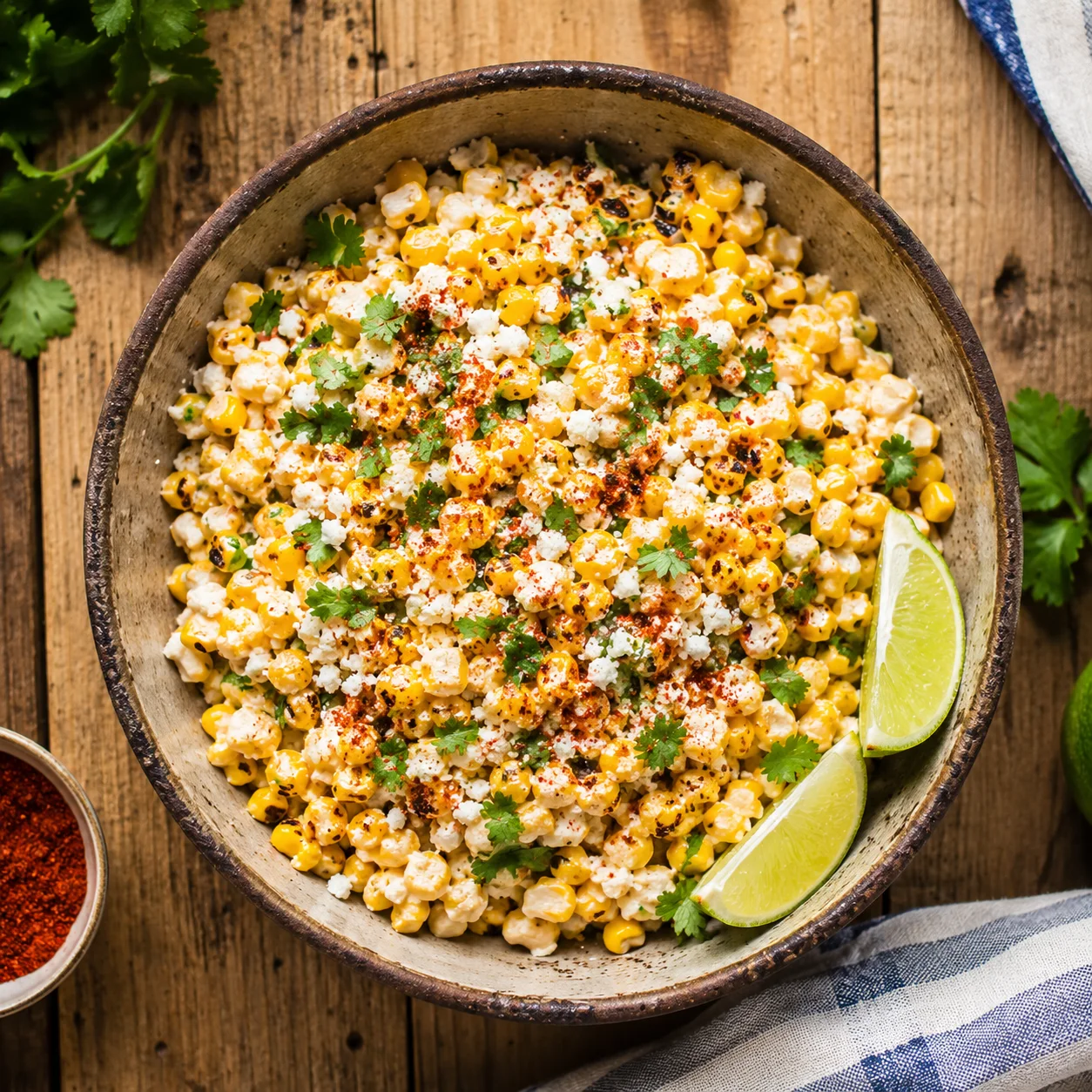 Mexican street corn salad elote in a rustic bowl with cotija cheese