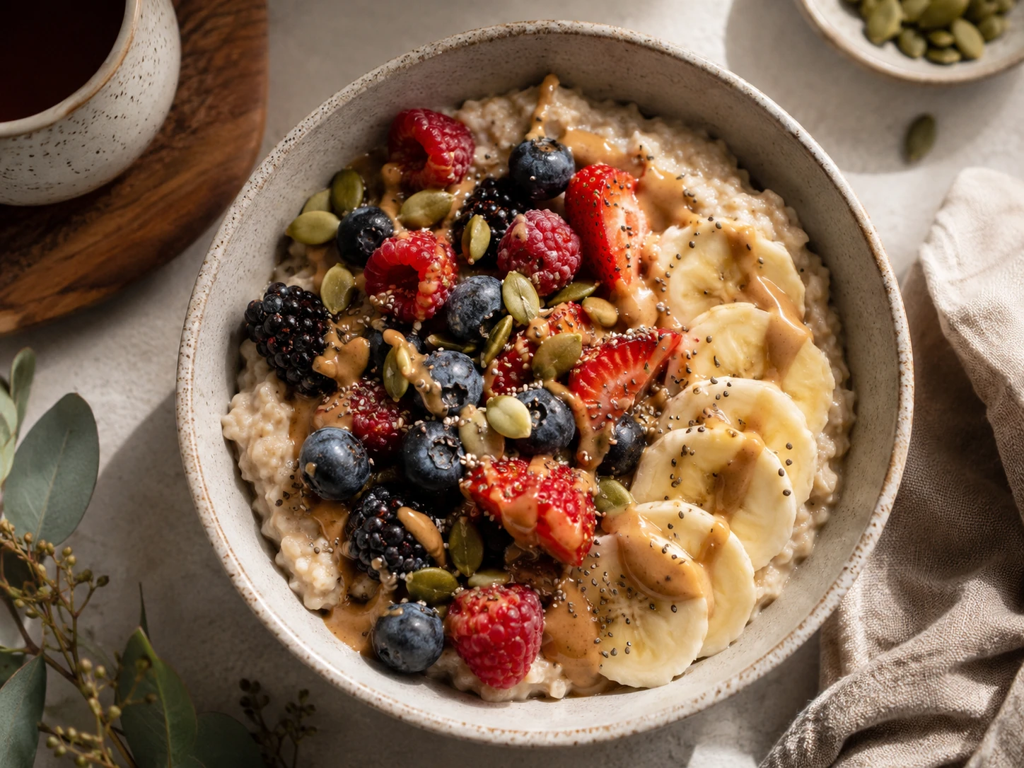 high fiber breakfast bowl with oats berries and nut butter