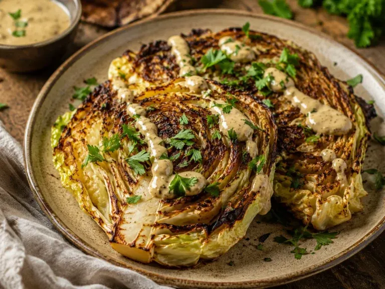 crispy roasted cabbage steaks with tahini sauce