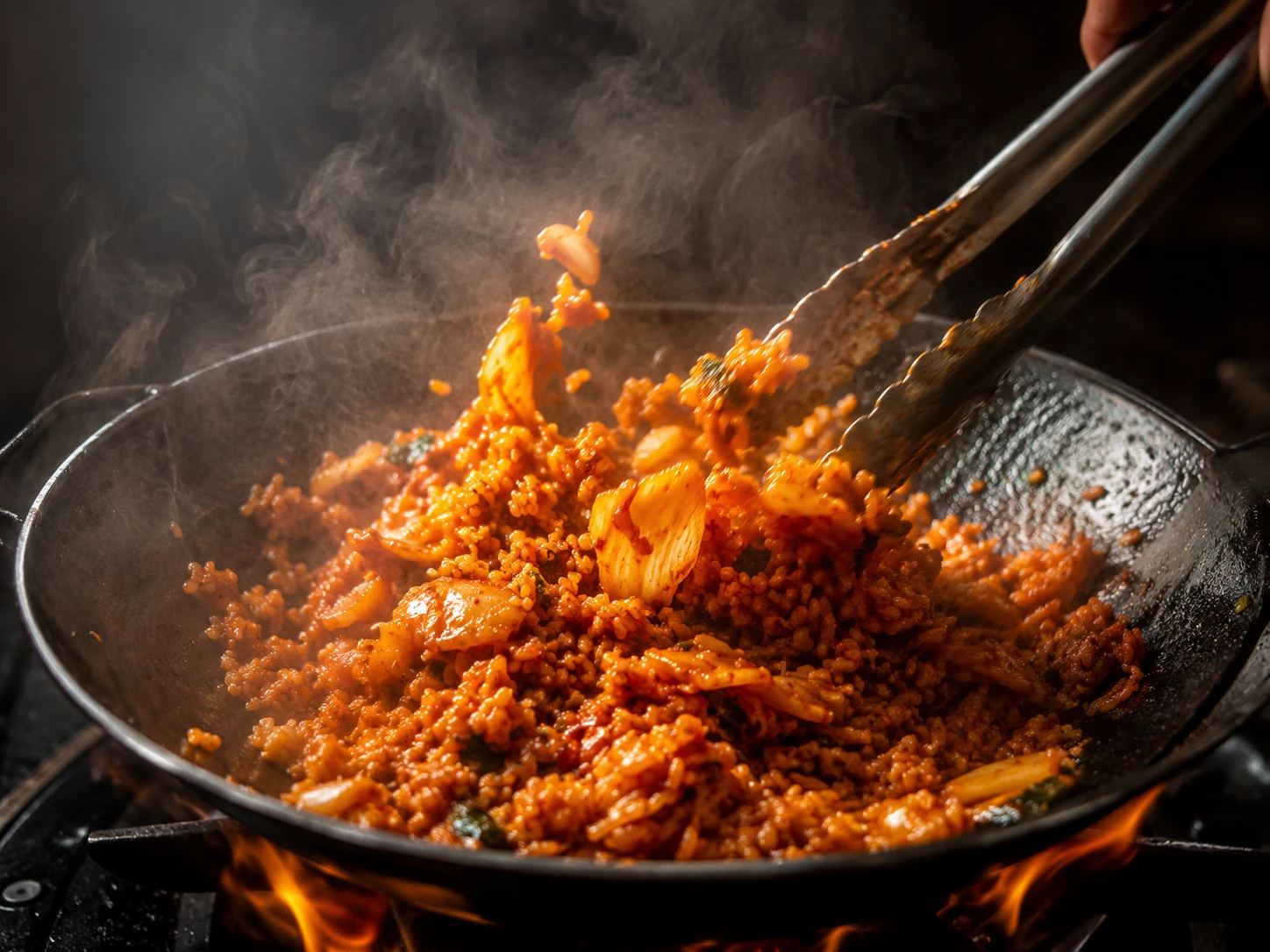 kimchi fried rice wok action