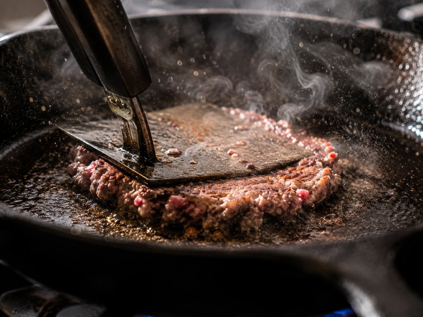 smashing beef patty in cast iron skillet