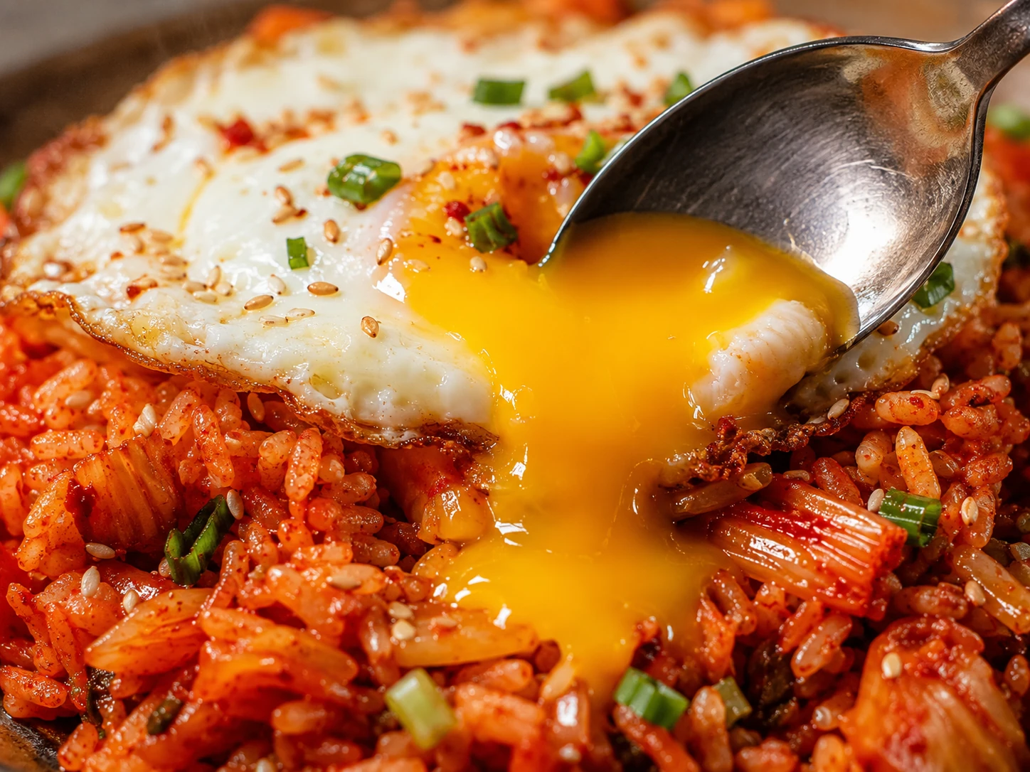 kimchi fried rice yolk close-up