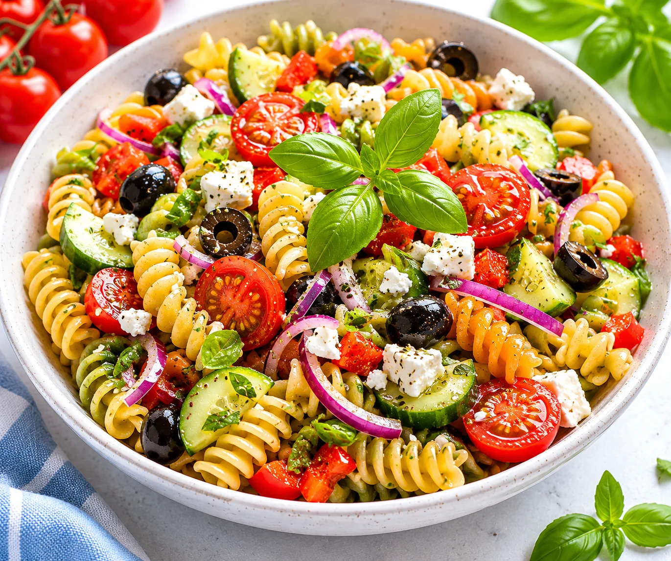 Refreshing summer pasta salad with vegetables, feta cheese and basil