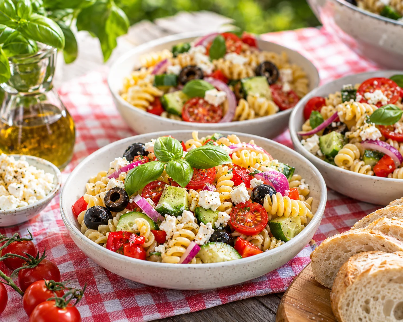 Summer pasta salad served at a picnic
