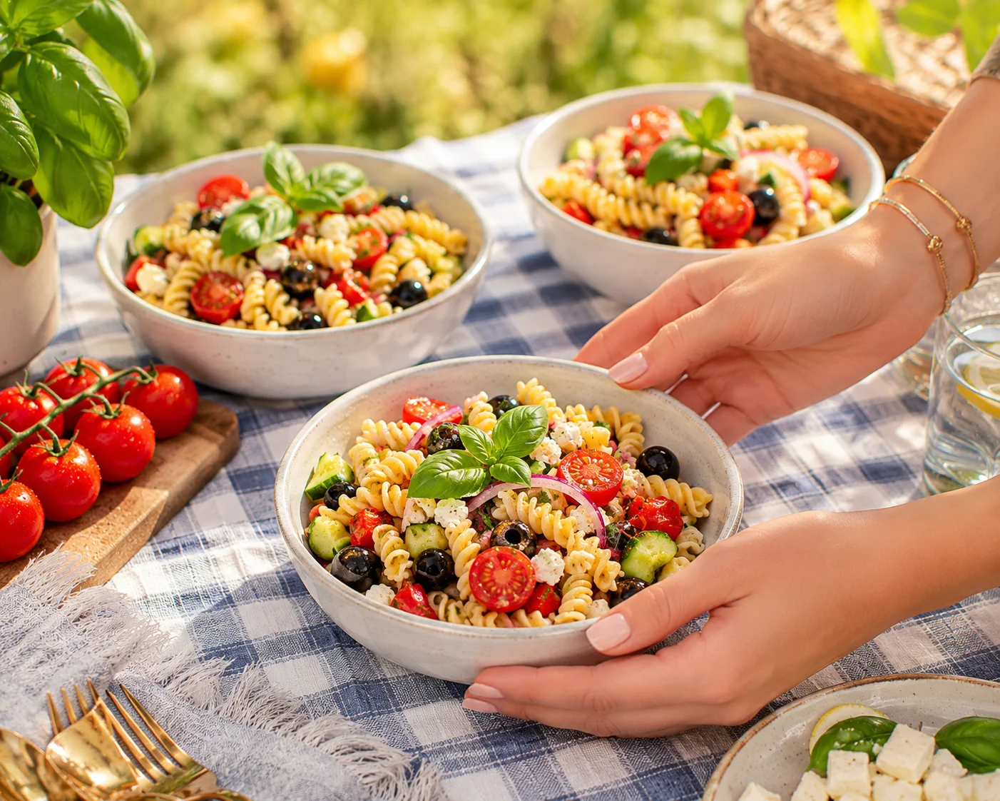 Tossing summer pasta salad with vegetables