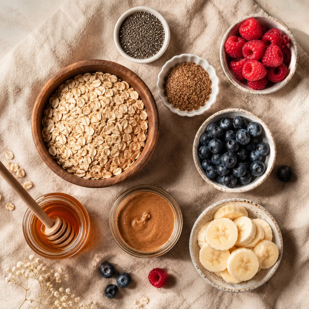 high fiber breakfast bowl ingredients flatlay