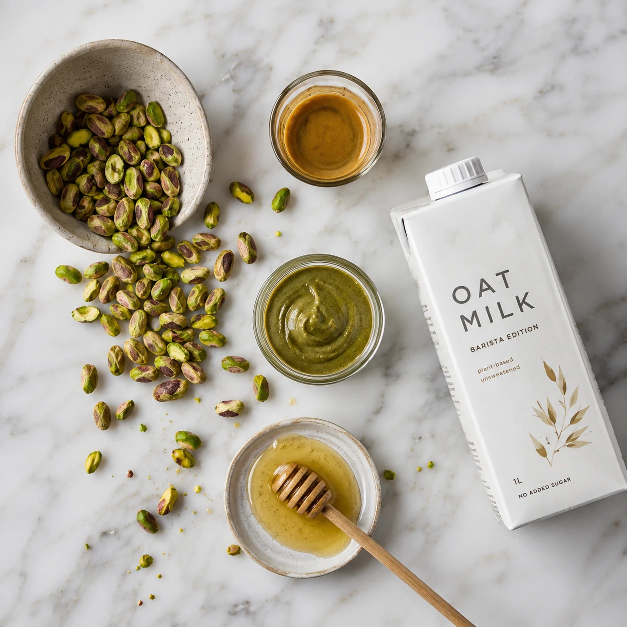 pistachio latte ingredients flatlay