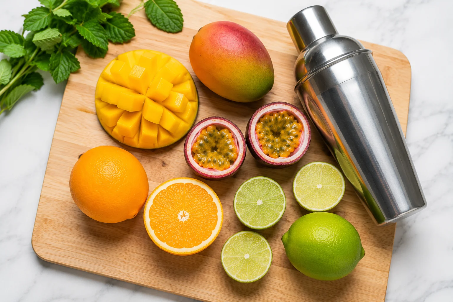 Fresh tropical fruits and mocktail shaker