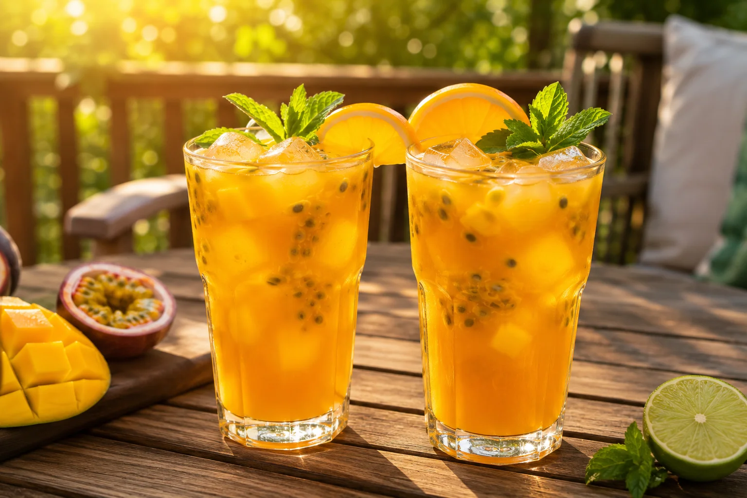 Two tropical passion cocktails on sunny patio