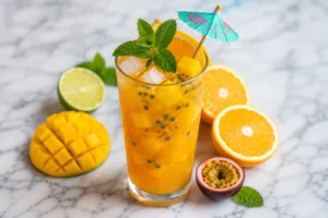 Tropical passion cocktail with rum, mango and citrus – summer drink recipe