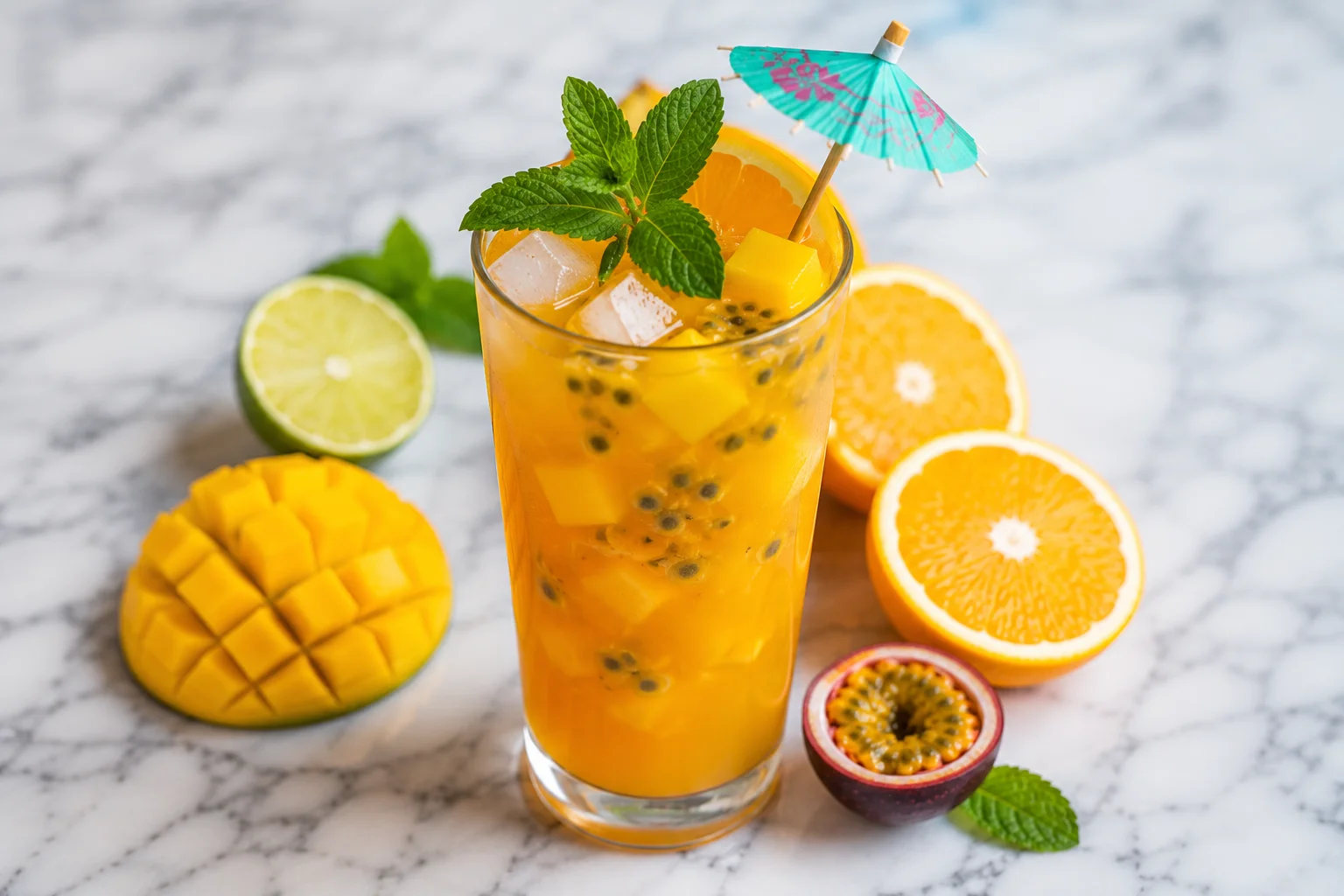 Tropical passion cocktail with rum, mango and citrus – summer drink recipe