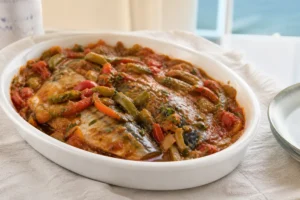 Caballas a la moruna with mackerel fillets in a spiced tomato, onion, and pepper sofrito
