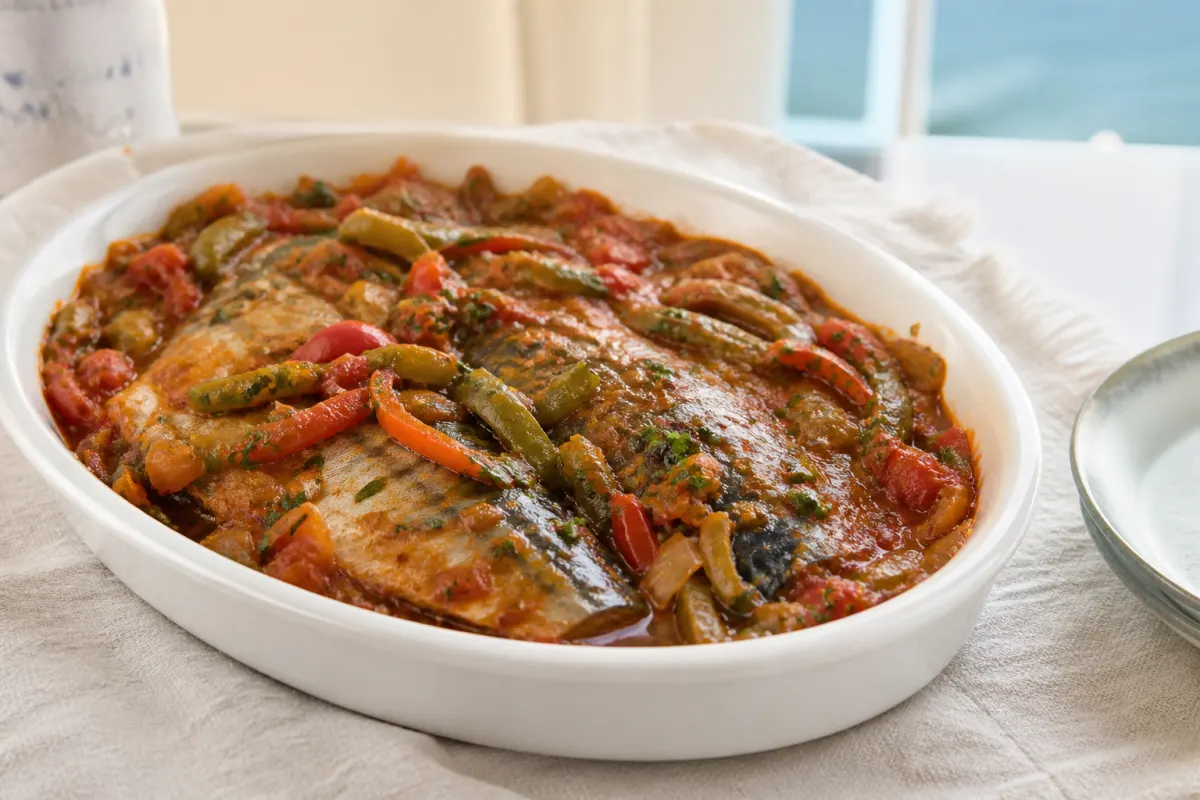 Caballas a la moruna with mackerel fillets in a spiced tomato, onion, and pepper sofrito
