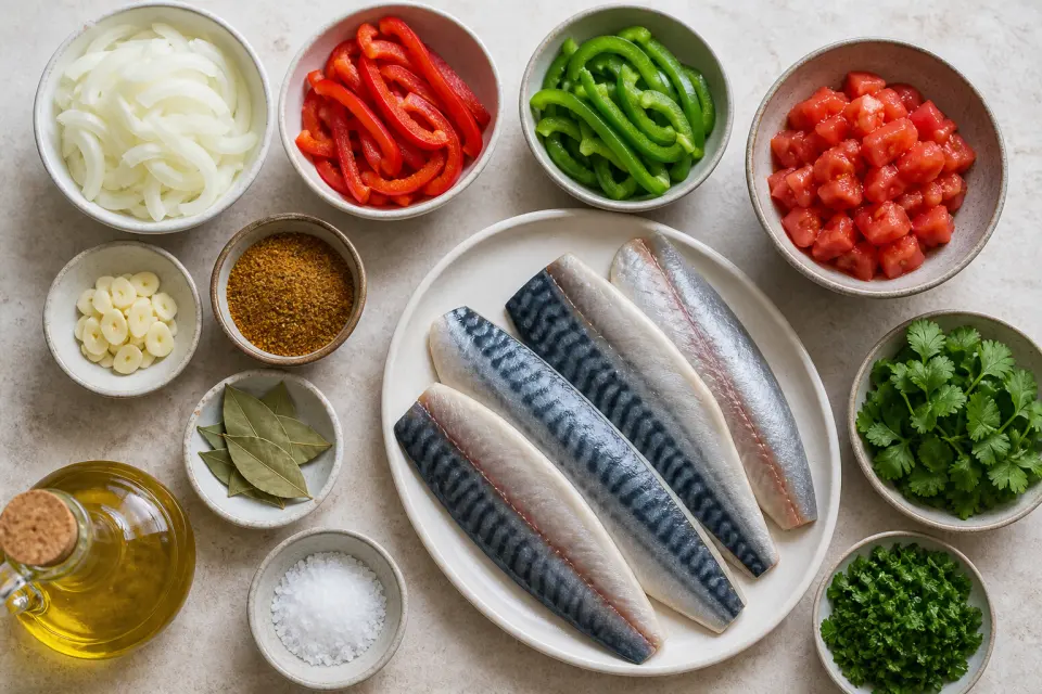 Mackerel fillets, onions, peppers, tomatoes, garlic, bay leaves, herbs, spices, and olive oil