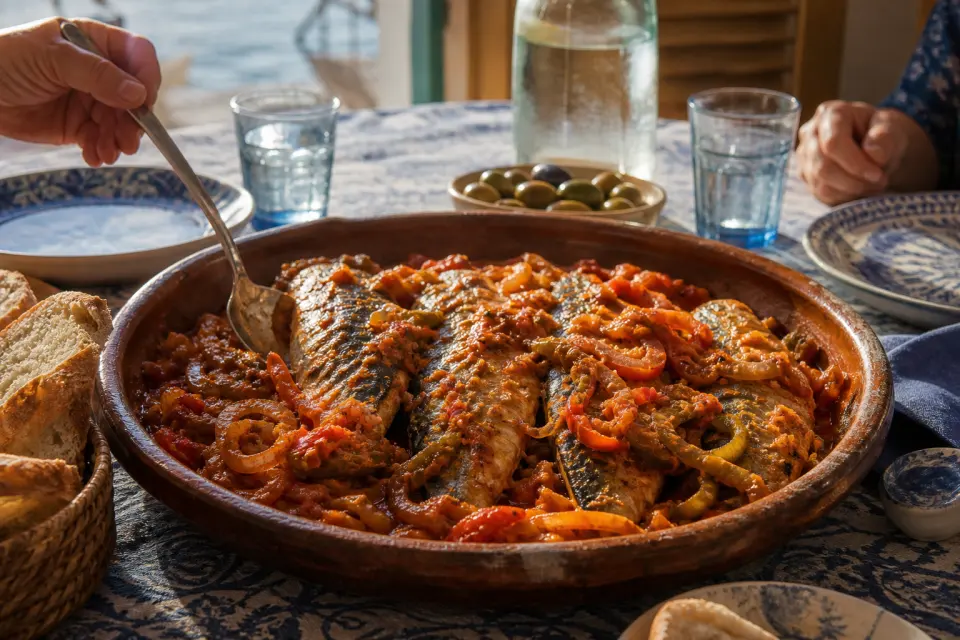 Caballas a la moruna served family-style with bread