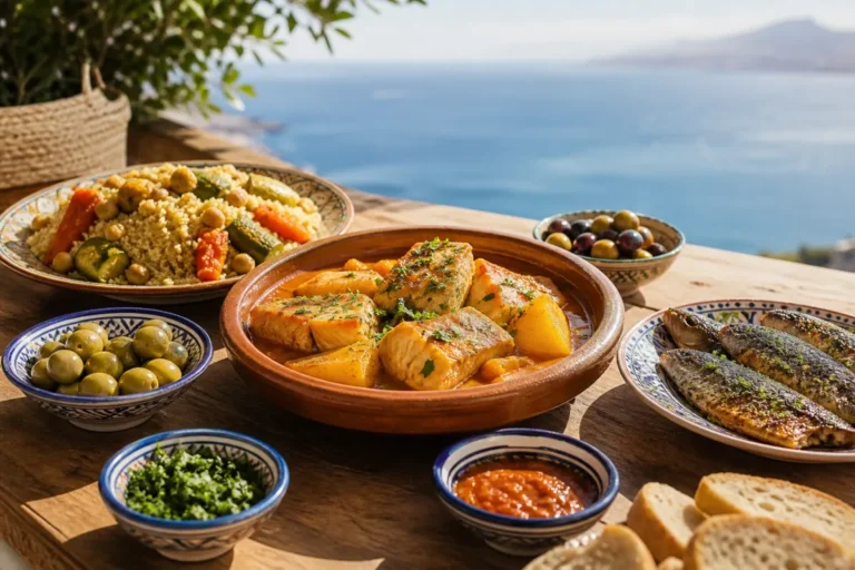 A table of traditional Ceuta dishes overlooking the Strait of Gibraltar