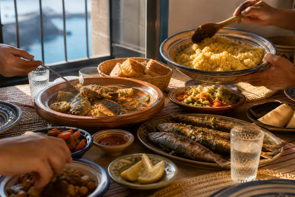 A family-style Ceuta meal with couscous, fish stew, spiced mackerel, bread, and vegetables