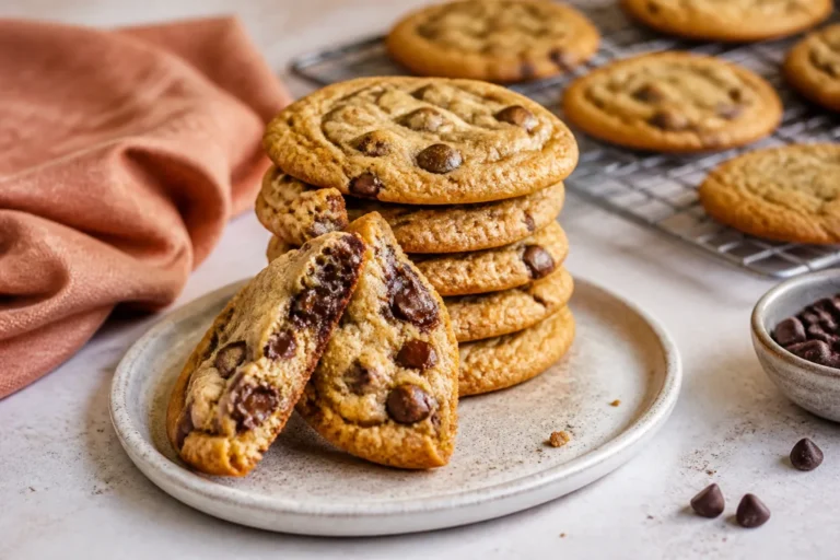 Soft and chewy chocolate chip cookies with golden edges and melted chocolate