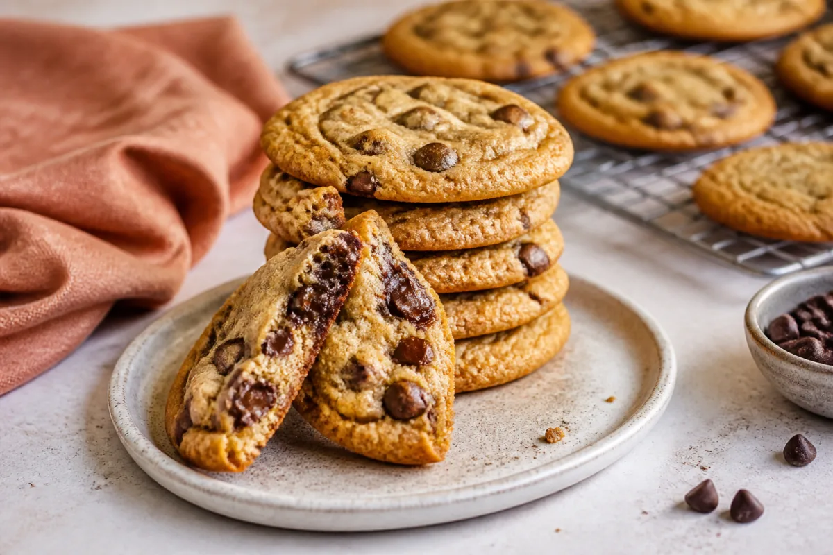 Soft and chewy chocolate chip cookies with golden edges and melted chocolate