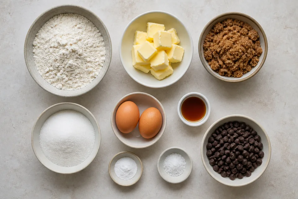 Flour, butter, brown sugar, white sugar, eggs, vanilla, baking soda, salt and chocolate chips