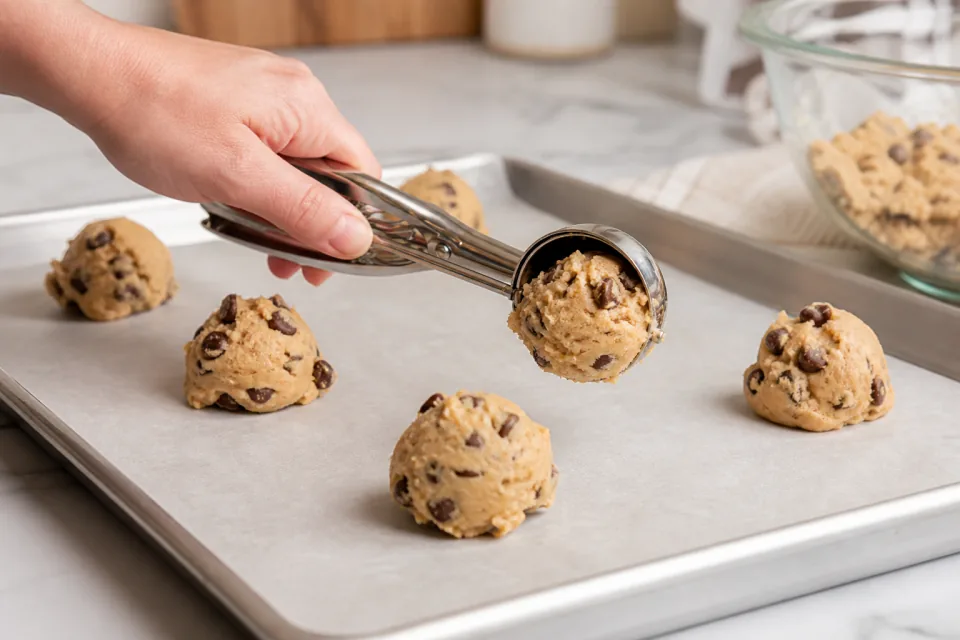 Chocolate chip cookie dough being portioned onto a parchment-lined baking sheet