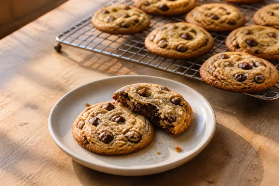 Soft chocolate chip cookies served on a plate beside a cooling rack