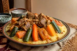 Ceuta-style cuscús with steamed semolina, lamb, vegetables, raisins, and almonds