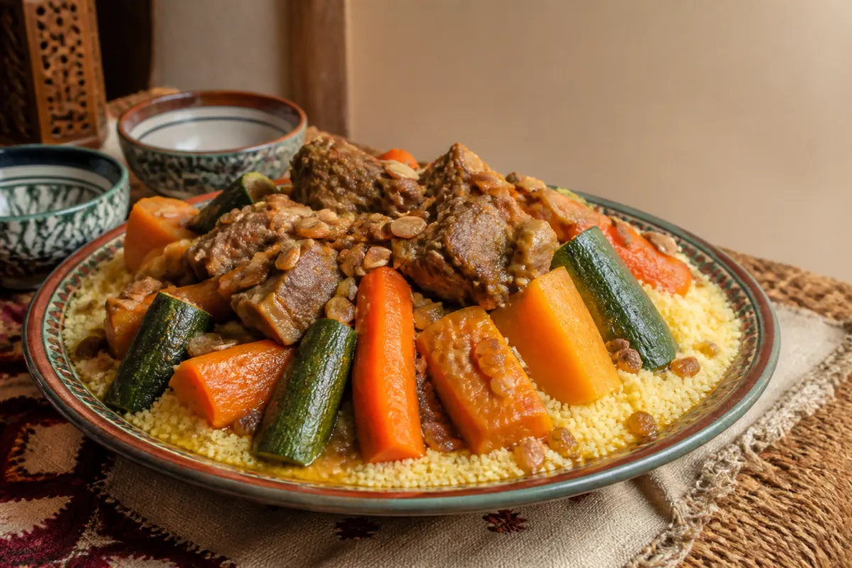 Ceuta-style cuscús with steamed semolina, lamb, vegetables, raisins, and almonds