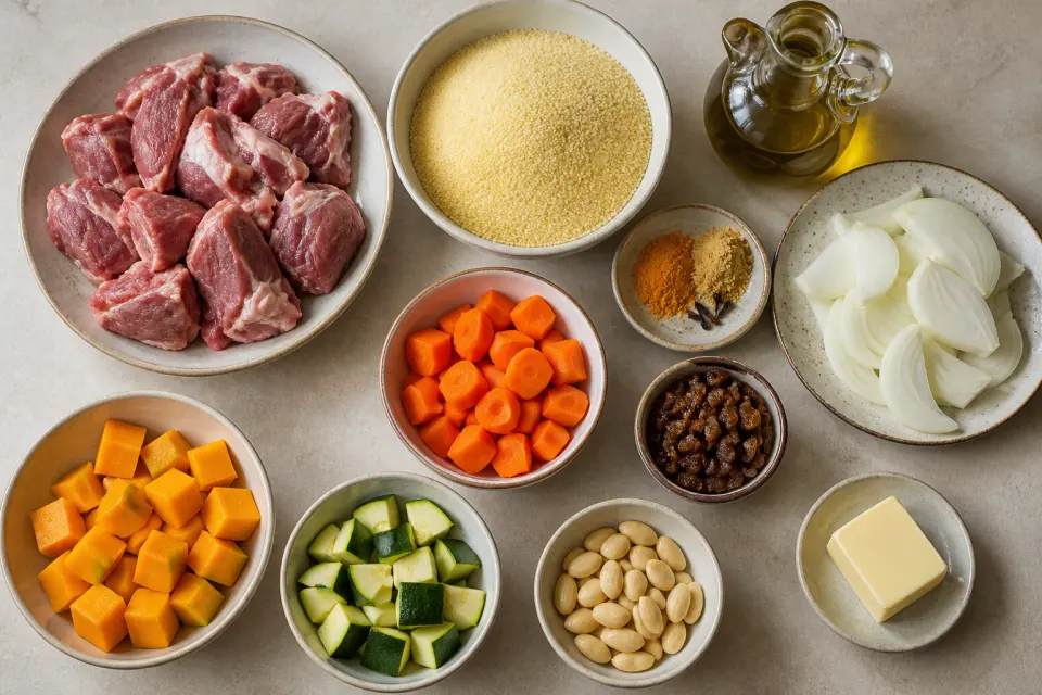 Lamb, couscous semolina, onions, carrots, pumpkin, zucchini, spices, olive oil, raisins, almonds, and butter