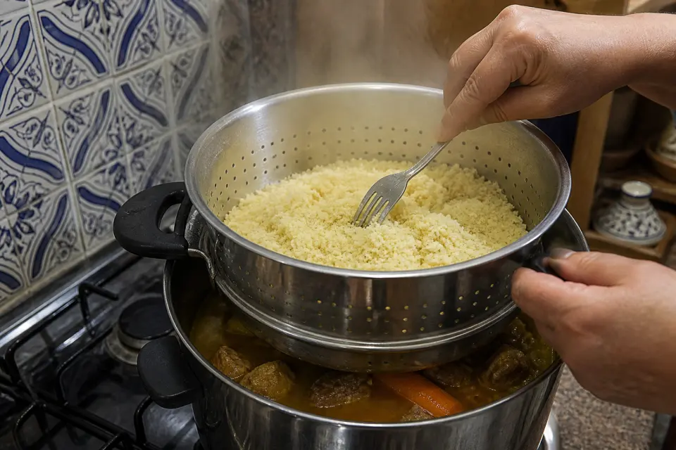 Couscous semolina steaming above lamb and vegetable stew in a two-part pot