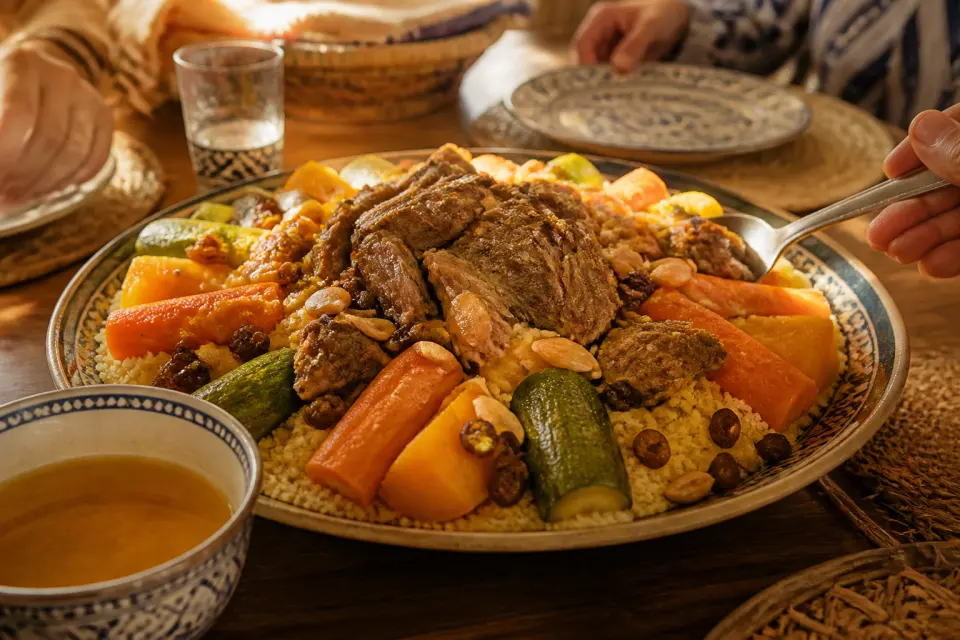A family sharing Ceuta-style lamb cuscús from a large platter