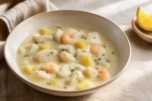Warm gazpachuelo with hake, shrimp, potatoes, and a pale mayonnaise-enriched broth