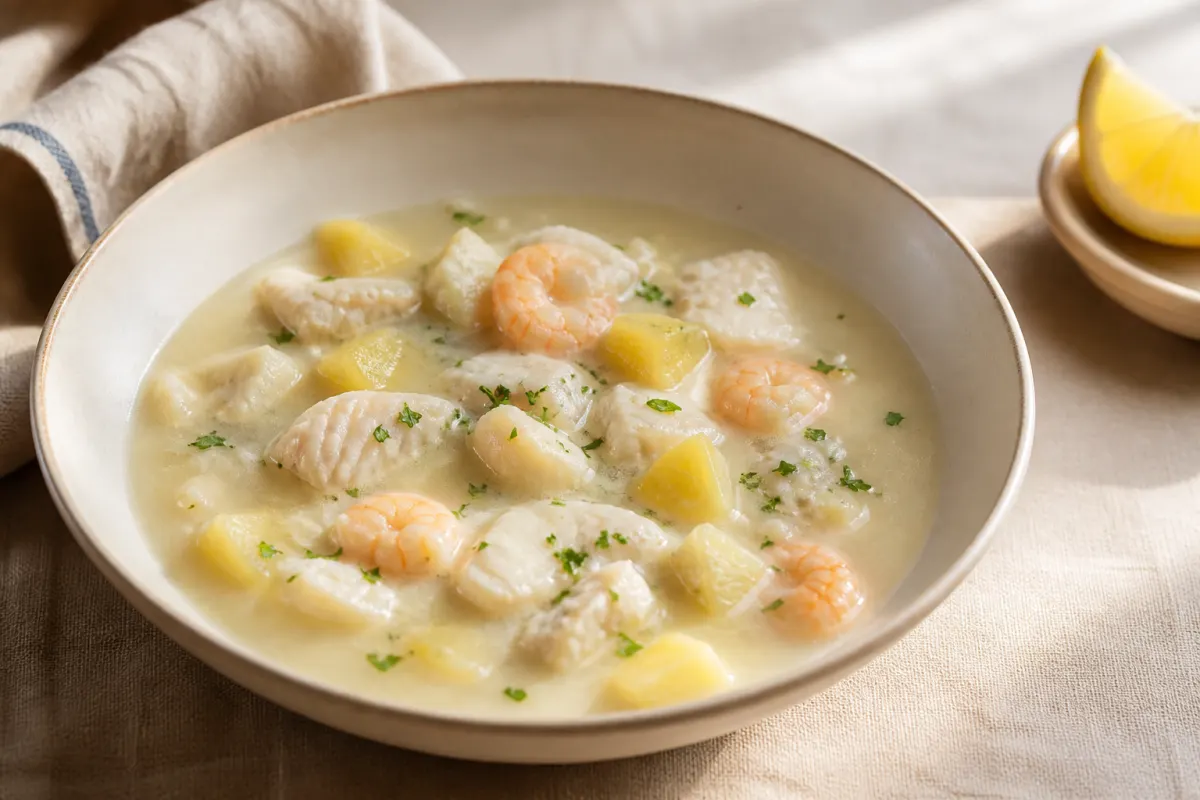 Warm gazpachuelo with hake, shrimp, potatoes, and a pale mayonnaise-enriched broth