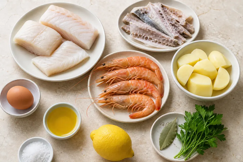Hake, fish bones, shell-on shrimp, potatoes, pasteurized egg, lemon, olive oil, bay leaf, and parsley for gazpachuelo